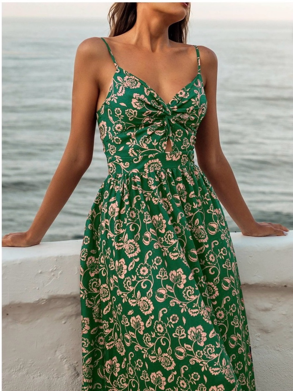 Cupshe Green Floral Tie-Front Midi Dress with Cream Print